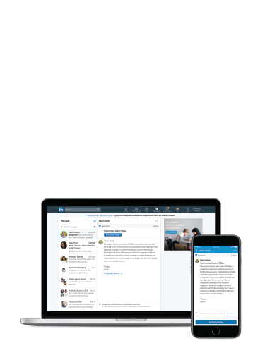 Desktop and mobile examples of Message Ads inside of LinkedIn feed