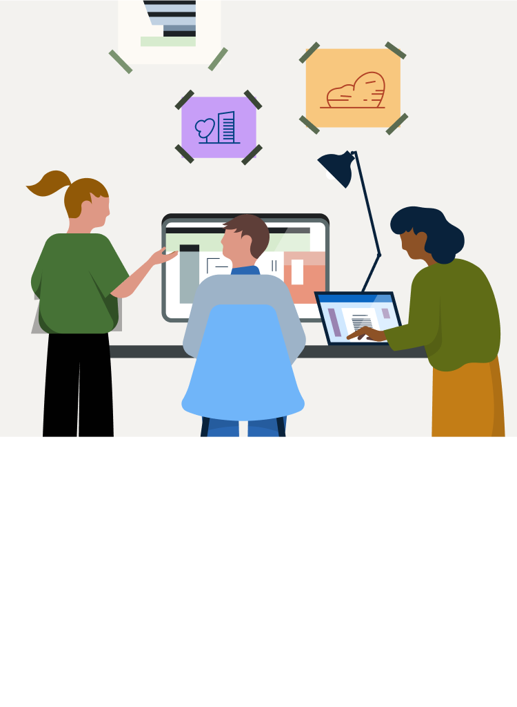 Illustration of five people working and having discussions