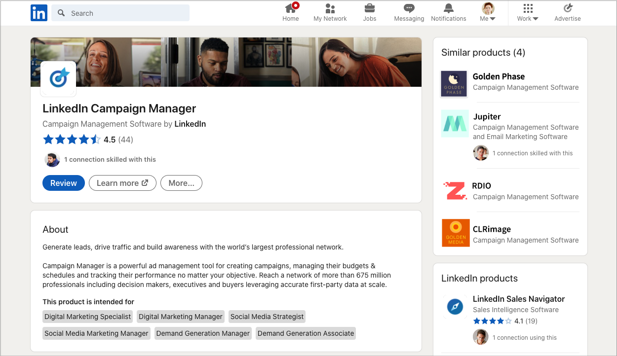 Screenshot of campaign manager LinkedIn page featuring star rating and short about section