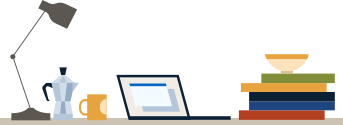 An illustration of a lamp, a coffee press, a coffee mug, a computer, and a stack of books.