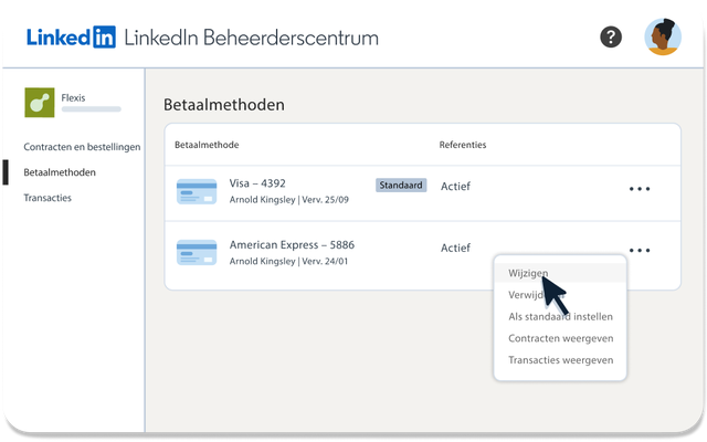 Een screenshot van een voorbeeldcontract en waar die wordt weergegeven in het LinkedIn Beheerderscentrum.