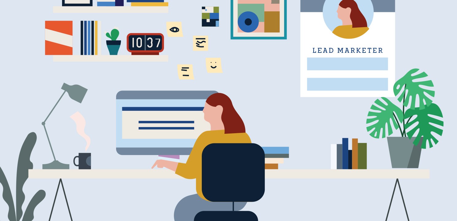 A single marketer working at her desk on the computer