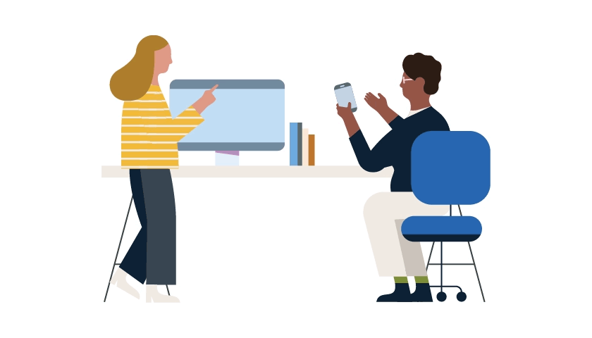 Animation of two people working at a desk together.