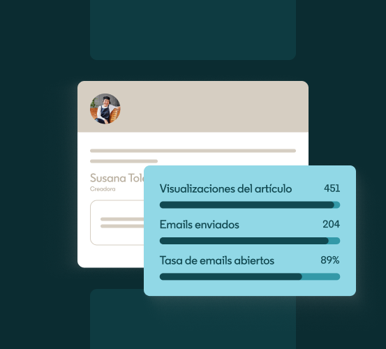 Ilustración que muestra los números 451 visualizaciones del artículo, 204 emails enviados y 89 % de tasa de emails abiertos