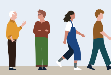 An illustration of a diverse group of people talking to each other and performing other activities like reading, taking photos, and more.
