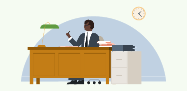 Illustration of a Man sittiing at a table with a Notebook holding a pen.