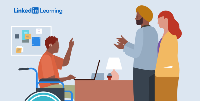 illustration of three colleagues discussing a work related matter