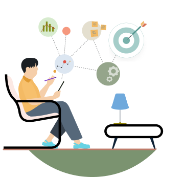 Illustration of an individual sitting down with their mobile device with data visualizations on the side.