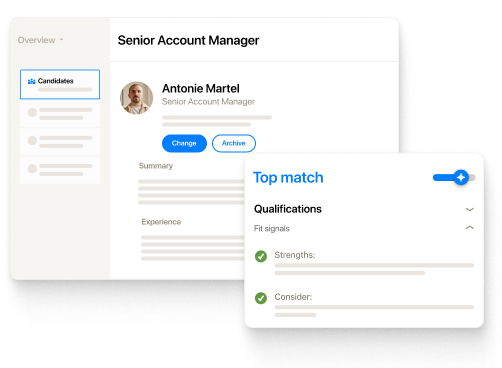 Recruiting dashboard showing senior account manager candidate