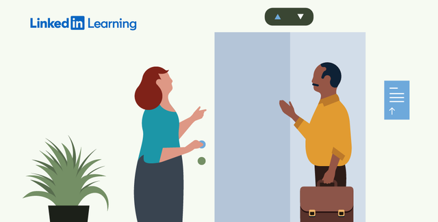 illustration of a woman and man having a discussion infront of an elevator