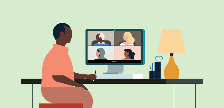 Illustration showing a person sitting at their desk watching a virtual event with four speakers and taking notes.