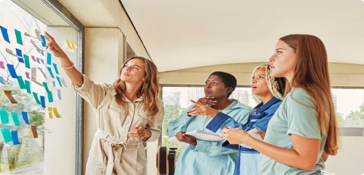 Several people at a meeting infront of a whiteboard