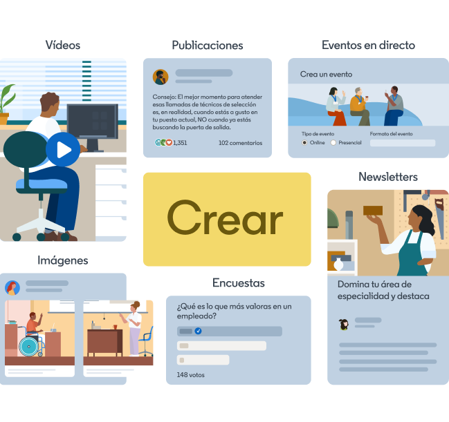Ilustración de un collage de imágenes que rodean la palabra «Crear» en el centro. Alrededor se leen las palabras «Vídeos», «Publicaciones», «LinkedIn Live», «Imágenes», «Encuestas» y «Newsletters»