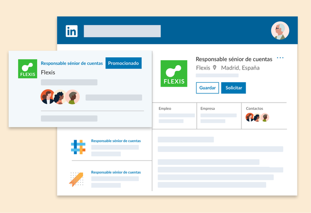 Ilustración de una captura de pantalla donde se ve un anuncio de empleo que encabeza una lista de empleos. Casi toda la información aparece en gris, salvo el nombre de la empresa, el logotipo, el nombre del cargo y el botón Promocionado.