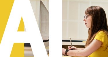 Image of woman working with "AI" word underneath