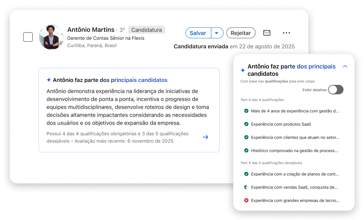 Interface de destaques do LinkedIn Recruiter