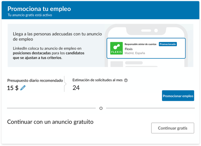 Captura de pantalla del producto que muestra cómo definir el presupuesto diario recomendado y la estimación de solicitudes de tu anuncio de empleo.