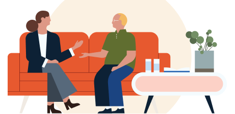 Illustration of professionals conversing on a sofa