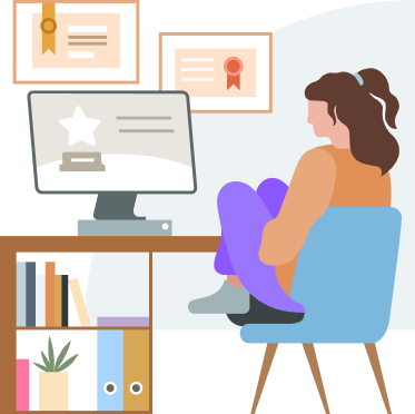 illustration of someone working towards a new certificate with other certificates displayed on a wall