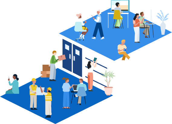 Illustration of an office situated on several platforms with multiple coworkers interacting.