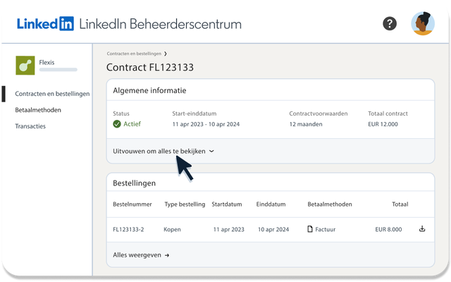 Een screenshot van een voorbeeldcontract en waar die wordt weergegeven in het LinkedIn Beheerderscentrum.