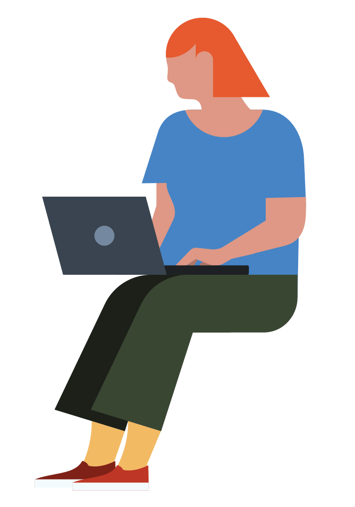 Animated worker taps a message on her laptop while sitting on a ledge