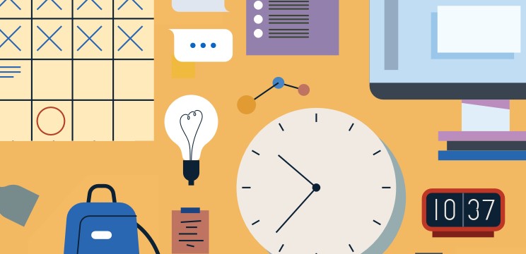 Illustration of calender, lightbulb, clock and computer