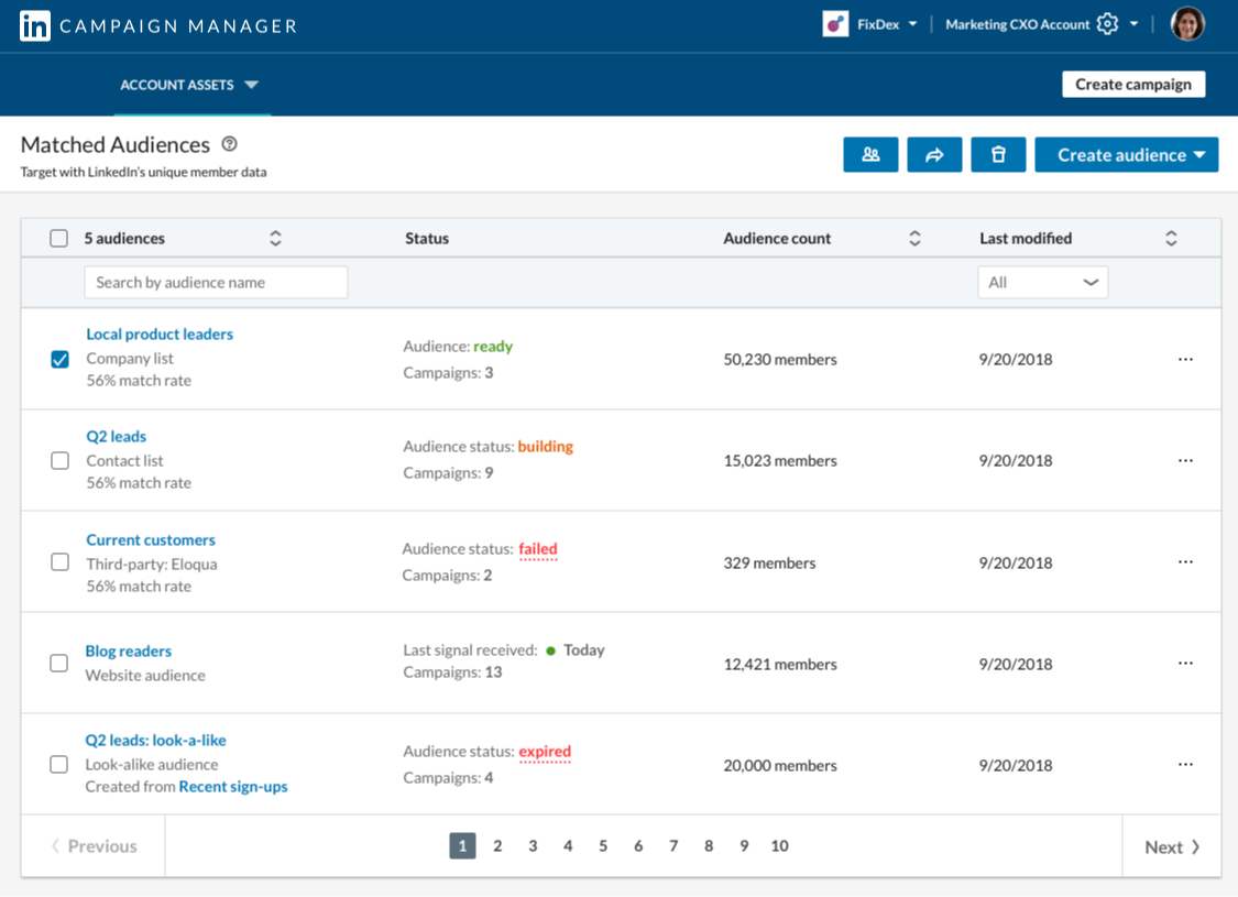 Screenshot of Campaign Manager with list of audience created for ad formats