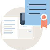 Illustration of a web page and a document with a certification badge.