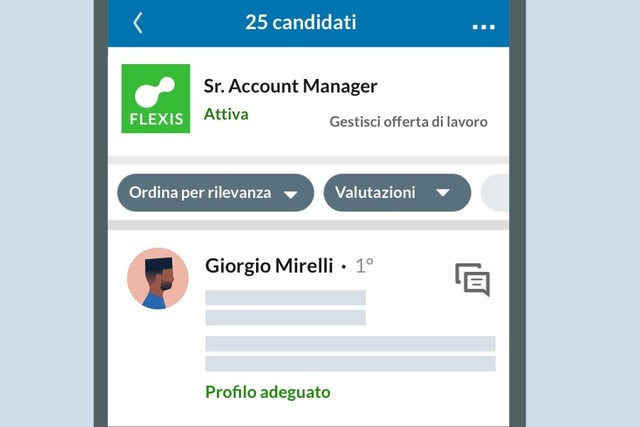 Illustrazione di una schermata del prodotto con un elenco di candidature su un telefono cellulare. Sono visibili il nome e il logo dell’azienda, la qualifica, e i pulsanti “Ordina per rilevanza” e Valutazioni.