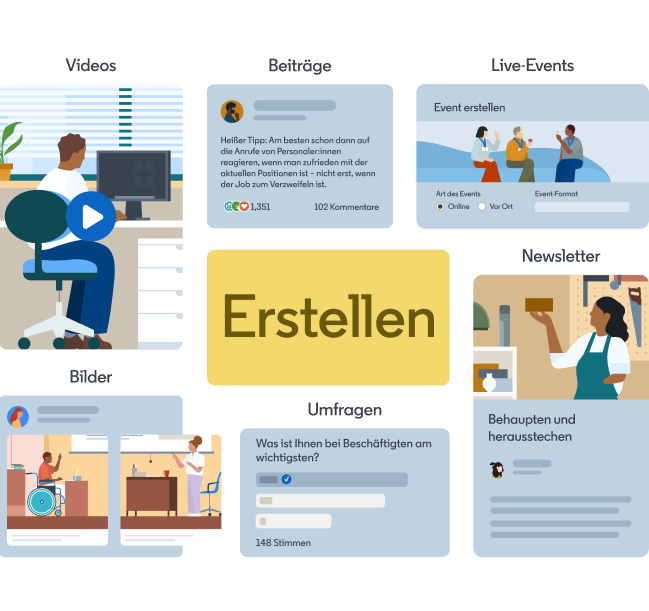 Eine Collage von Bildern um den Text „Inhalte erstellen“ herum; die Bilder sind mit folgenden Überschriften versehen: Videos, Beiträge, LinkedIn Live, Bilder, Umfragen und Newsletter