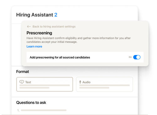 Hiring assistant prescreening settings interface screenshot