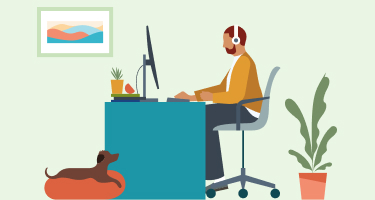 Illustration of an individual with headphones on working at their desk in front of their computer.