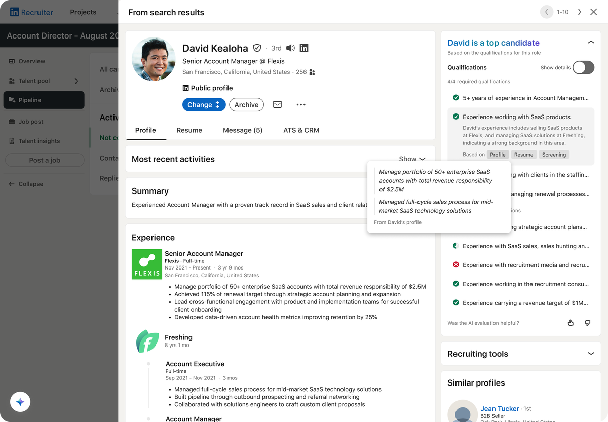 LinkedIn Recruiter profile view with a Hiring Assistant panel stating the candidate is a top candidate, listing qualifications met and not met with evidence from profile, resume, and screening