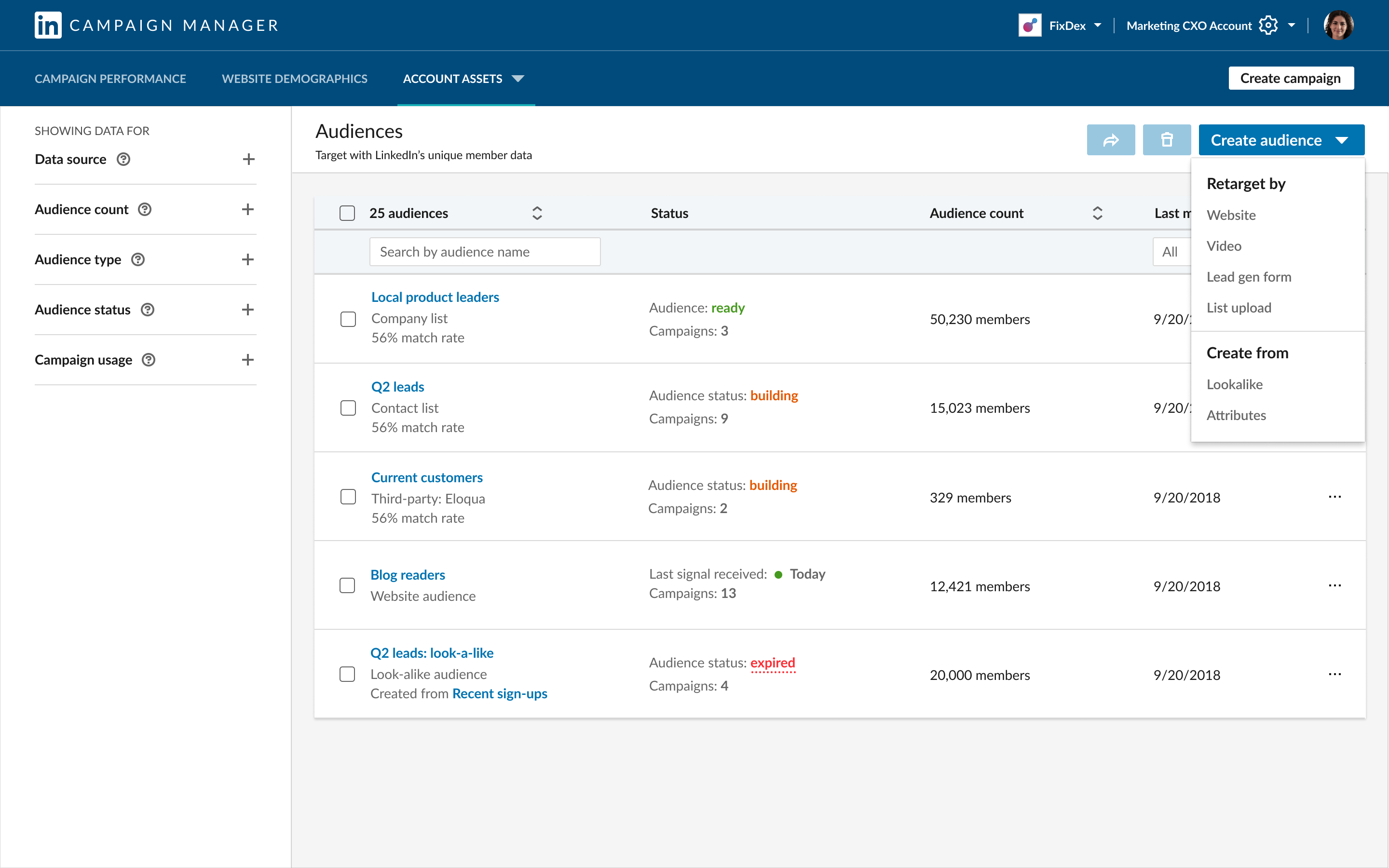 Screenshot of Campaign Manager focusing on the upper right hand “Create audience” filter