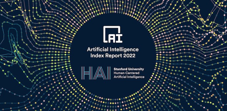 Abstract graphic image showing a network of connected dots with the AI report and HAI logos