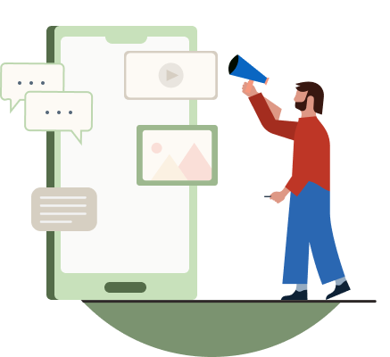 Illustration of an individual standing and holding a megaphone with a large mobile device on the side.