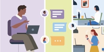 Illustration of a male and two female coworkers sending messages to each other in a group chat