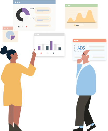 illustration of people discussing multiple graphs