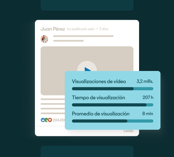 Ilustración que muestra los números 3,2 millones de visualizaciones de vídeo, 207 horas de tiempo de visualización y 8 minutos de tiempo de visualización promedio