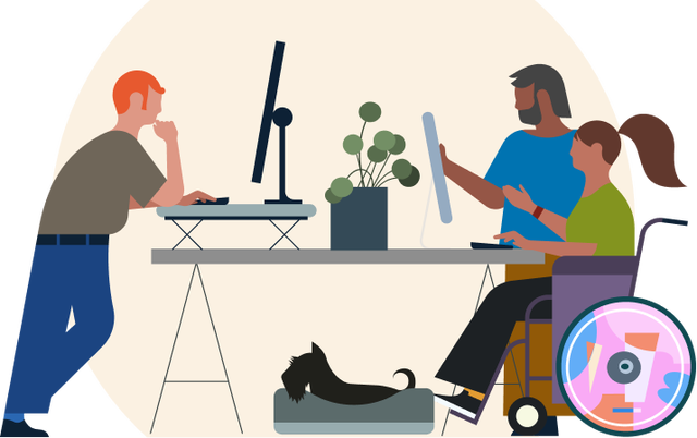 illustration of several people helping each other while studying online 
