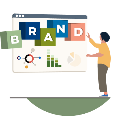 Illustration of an individual standing next to a web browser highlighting the word "brand".