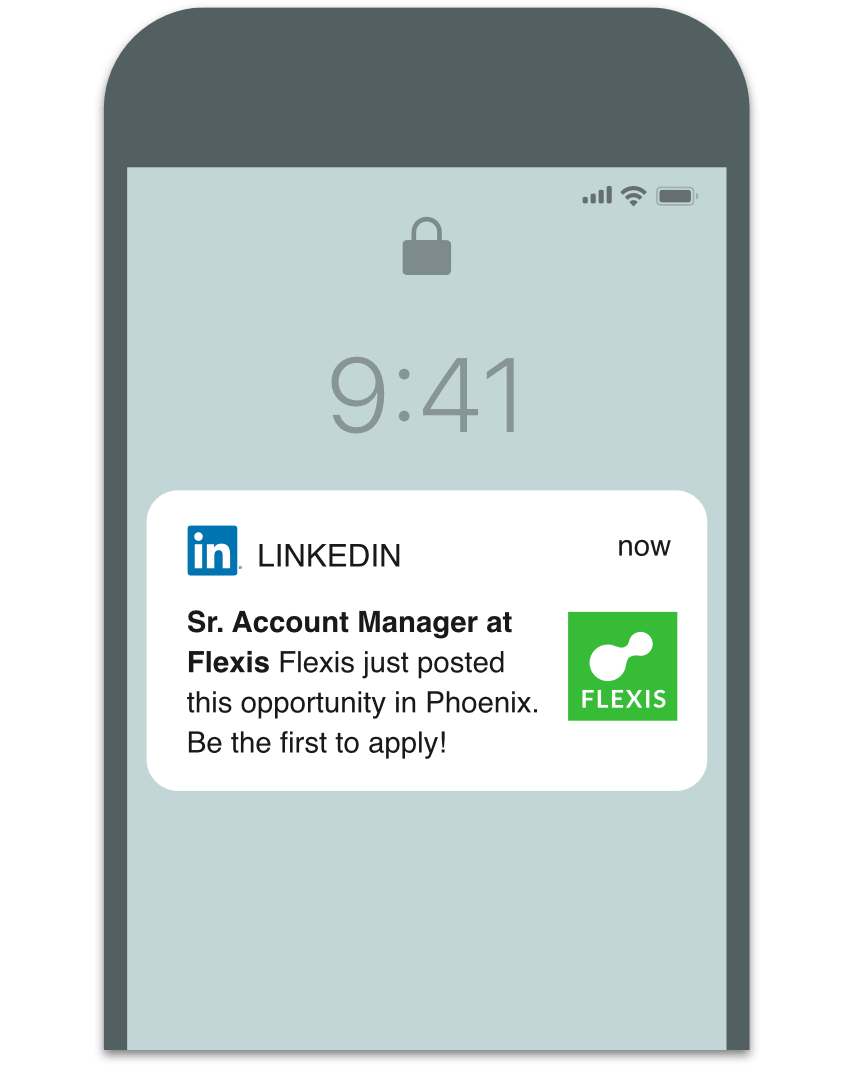 A product screenshot of a job post in a list of jobs you may be interested in and as a mobile notification.