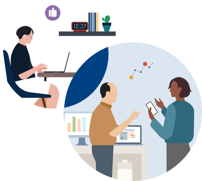 Illustration of three individuals, one sitting down with earphones on while working on their laptop while the other two are standing and having a conversation.