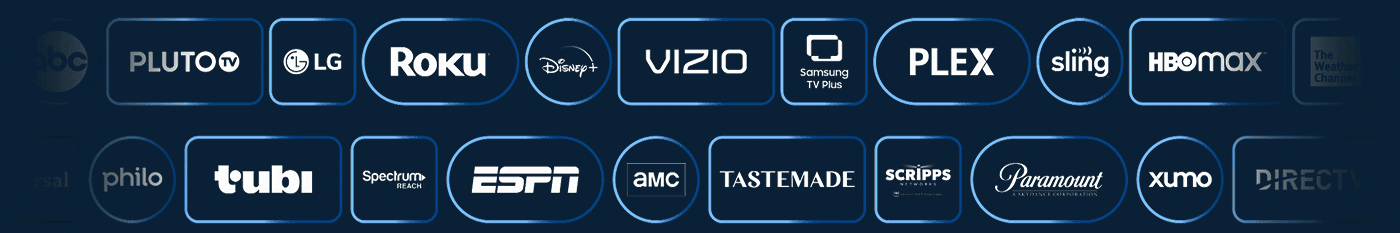 Animation scrolling streaming service icons on dark blue background
