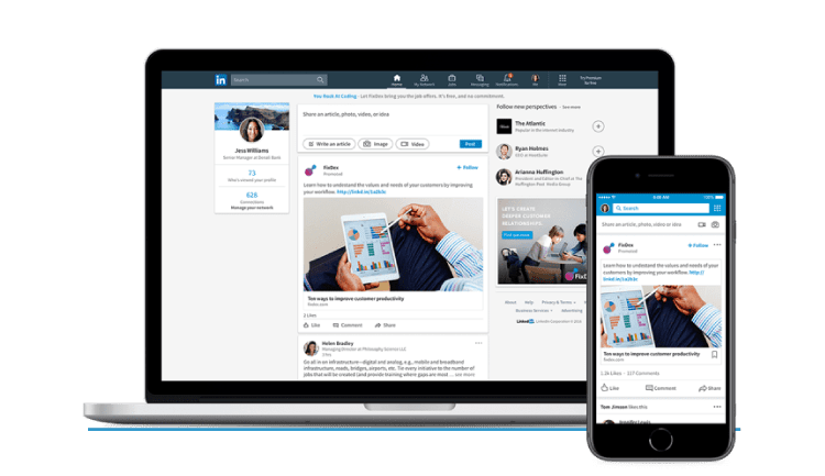 Screenshot of sample Sponsored Content in the LinkedIn feed: viewed on desktop and mobile screens.