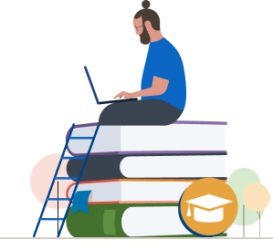Illustration of professional sitting on a stack of books