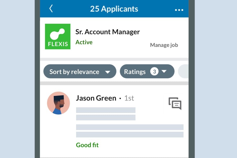 An illustrated product screenshot of a list of applicants on a mobile phone. You can see the company’s name, logo, job title, “Sort by relevance” and “Ratings” buttons.