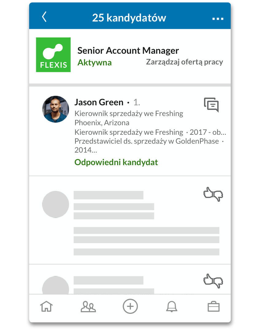 Zrzut ekranu produktu z listą kandydatów i przyciskami „Oceń jako” oraz „Wiadomość”.
