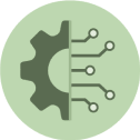 Green icon with a gear and circuitry.